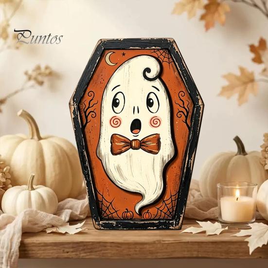 Fall Farmhouse Tabletop Centerpiece Vintage Halloween Wooden Decor, Cat Mummy Skeleton Figurines, Decorative Signs for Fireplace Shelf Mantel