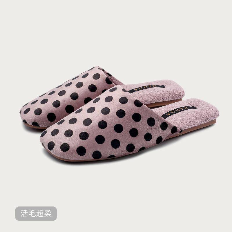

Модные ретро шлепанцы в горошек женские зимние уютные теплые пушистые домашние хлопковые тапочки высокое качество искусственная замша zapatos de mujer 40-41 фиолетовый
