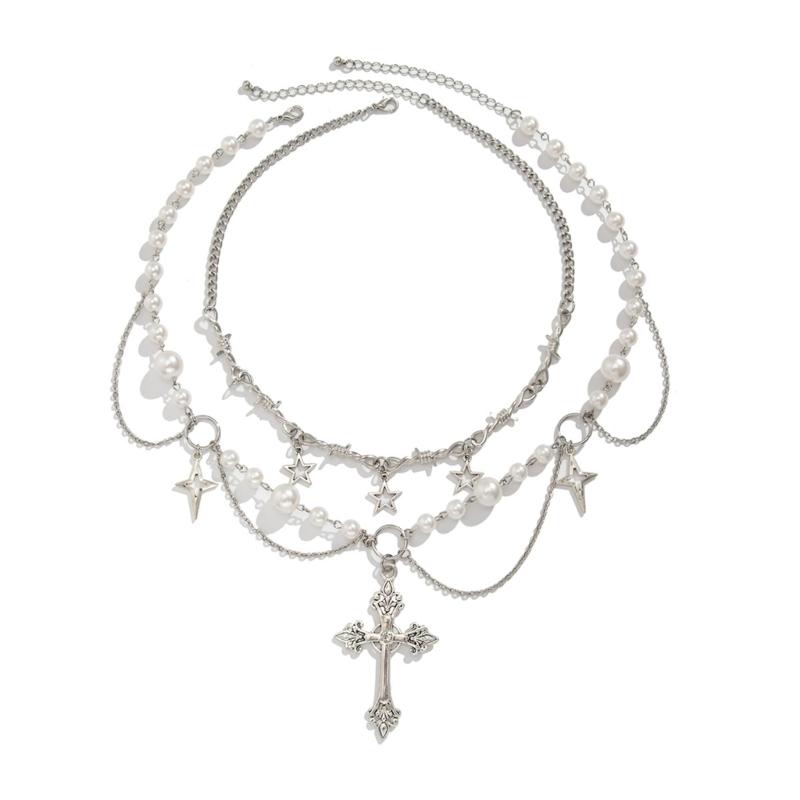 

2Pcs Versatile Crosses Pearls Necklace Stylish Crosses Pearls Necklaces Stackable Chain for Daily Wear and Gifts 1