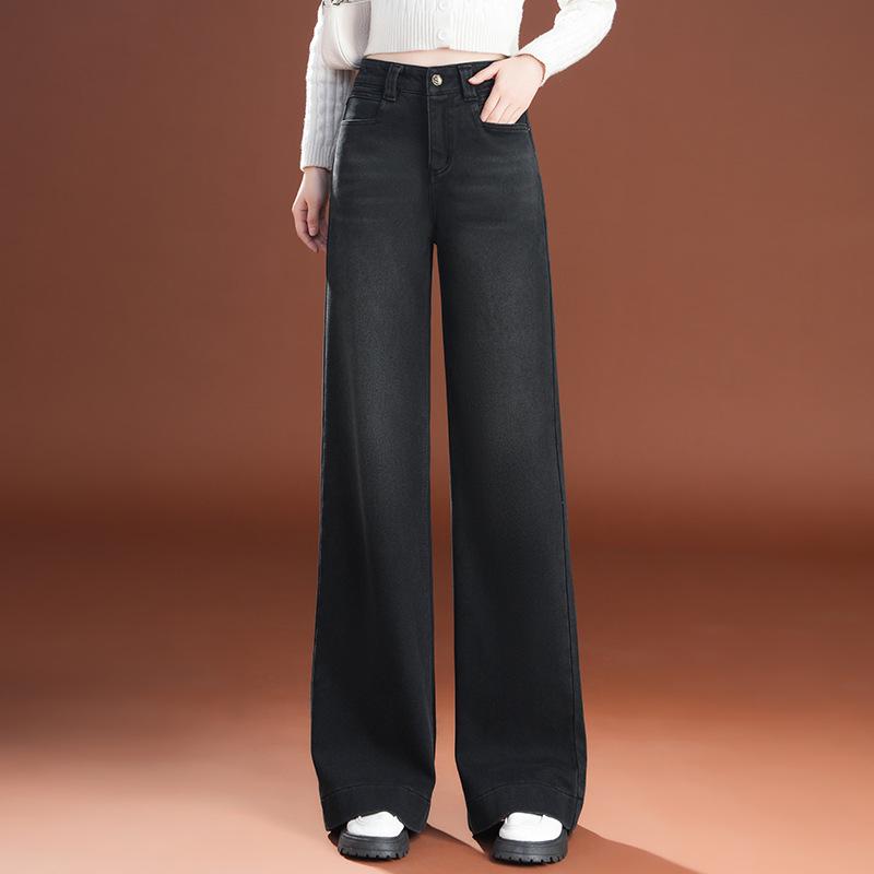 2026 Women's Loose Wide-Leg High-Waist Fleece Jeans - Slimming Floor-Length Fashion for Spring & Autumn