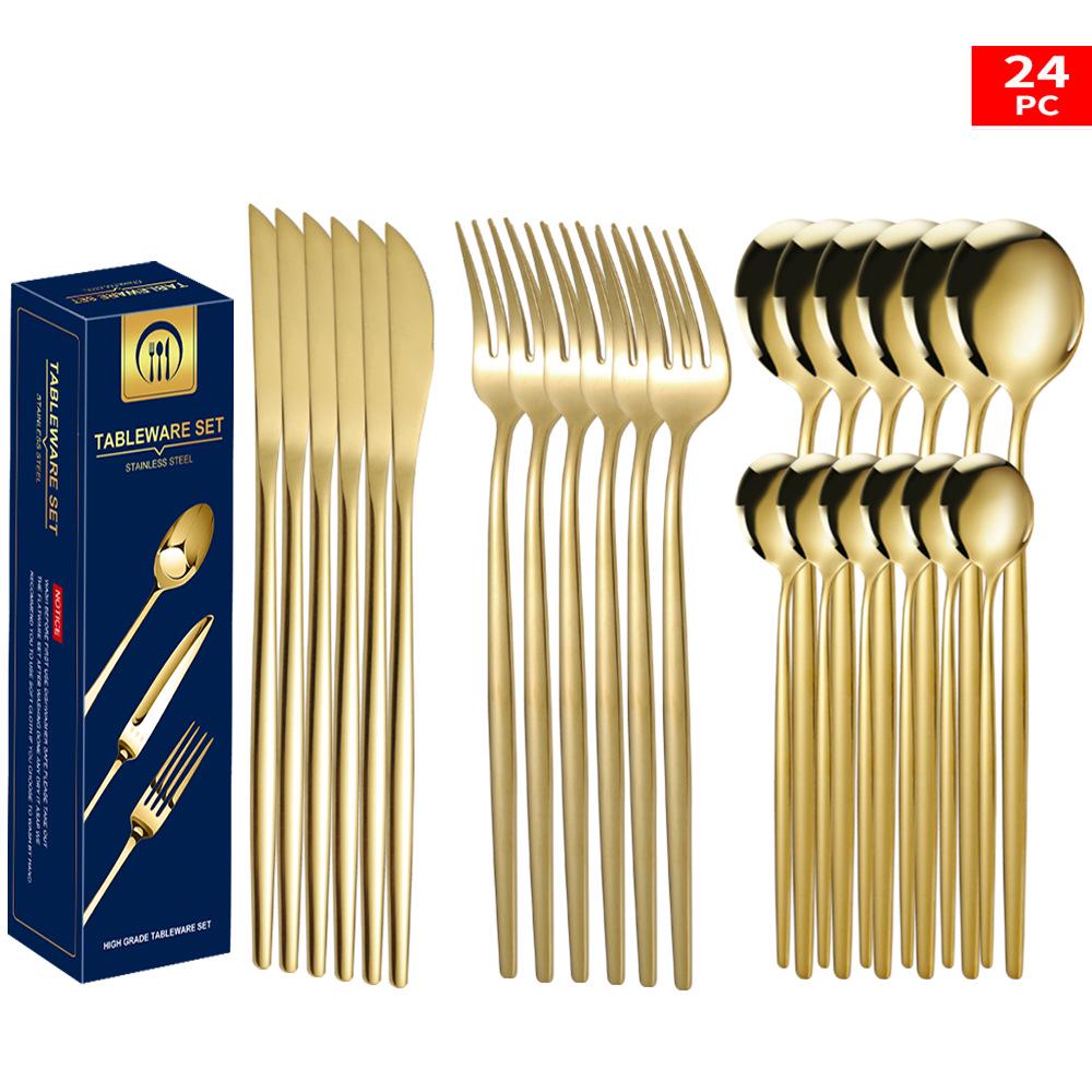 Set tacâmuri din oțel inoxidabil Portugal Gold, 24 de piese: Cuțit de Steak, Furculiță, Lingură de Hotel în Cutie Cadou