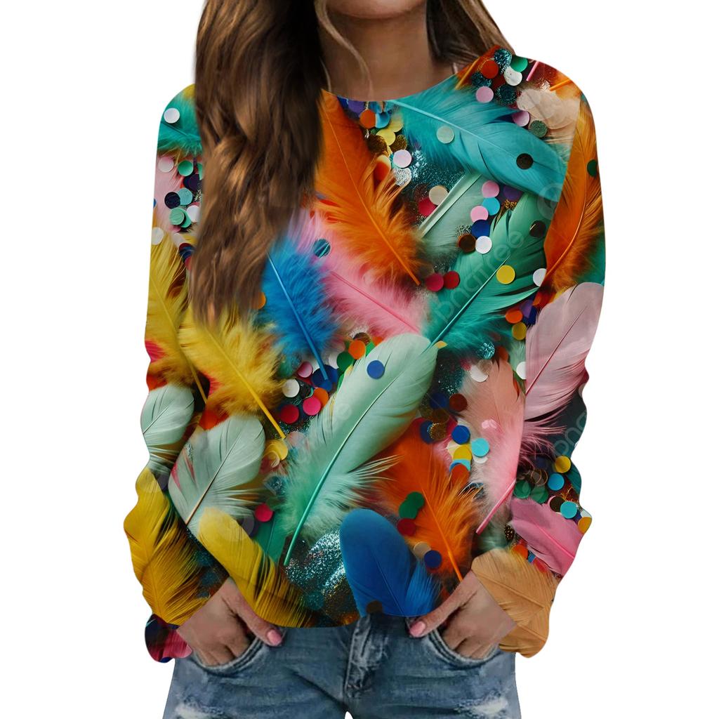 Women's Fashion Casual Long Sleeved Print Round Neck Sweater Top