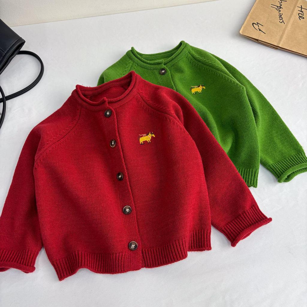 2025 Christmas Red Year of the Horse Unisex Kid's Knit Cardigan: Stylish Winter Outerwear