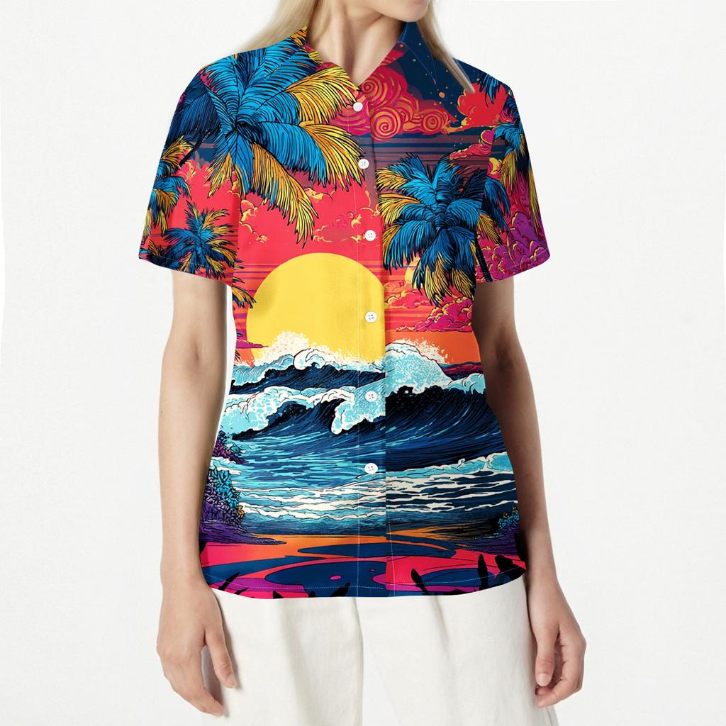 Damen Casual Hawaiian Print Kurzarm Hemd mit Knöpfen Lockerer Schnitt Offener Kragen Bluse Leichtes Sommer Top