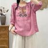 Large Size Embroidered National Style Summer Latest Style, Seven-quarter Sleeve Cotton Linen Retro Literary Baggy T-shirt Versatile Top