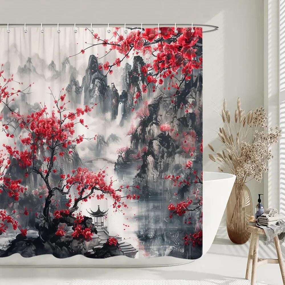 Chinese style Shower Curtain Koi Fish Cherry Blossom Sun Sea Wave Octopus Landscape Polyester Fabric Curtains Bathroom Decor