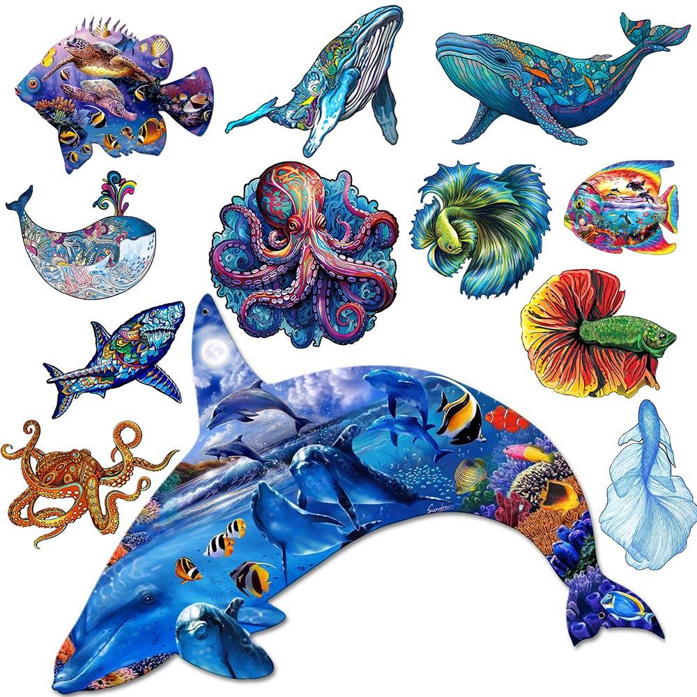 Whale 3d Jigsaw Wooden Animal Puzzles Toys Underwater World Fish Unique Puzzle Gift Interactive Games Educational Toy