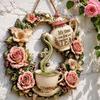 Yard Art Sculptures It's Time for Tea Door Sign, Metal Floral Wreath Hanger with Teapot Teacup Design, Windowsill Rustic Wall Decor Kitchen