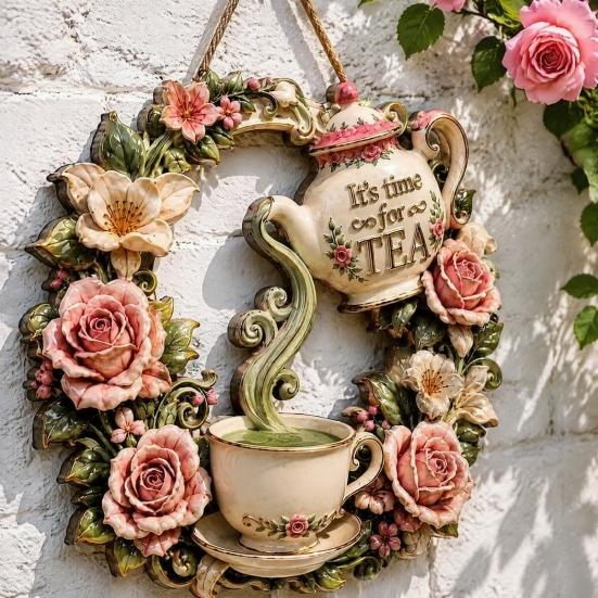 Yard Art Sculptures It's Time for Tea Door Sign, Metal Floral Wreath Hanger with Teapot Teacup Design, Windowsill Rustic Wall Decor Kitchen
