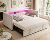 Sofá cama multifuncional 90x190 cm con cama extraíble, puerto USB-C, ambiente LED, funda de terciopelo – para salón, habitación de invitados o habitación juvenil. Beige