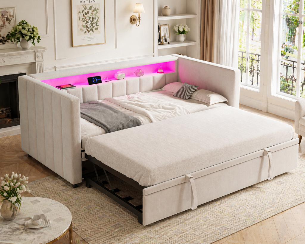 Sofá cama multifuncional 90x190 cm con cama extraíble, puerto USB-C, ambiente LED, funda de terciopelo – para salón, habitación de invitados o habitación juvenil. Beige