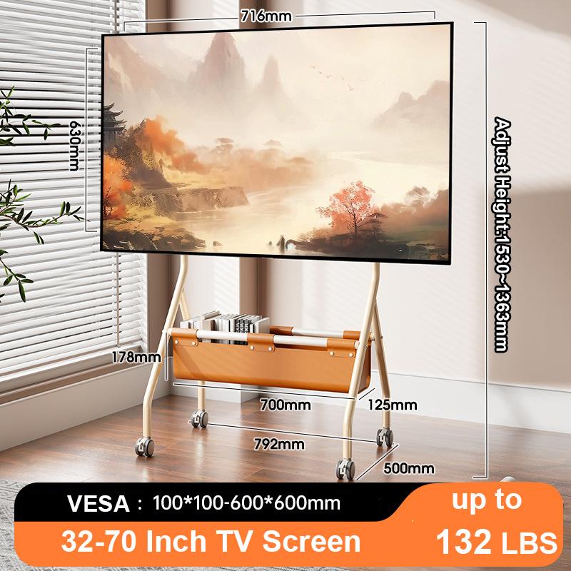 BEISHI Mobile Rolling TV Stand with Wood Shelf, Easy-to-Assemble Roller TV Cart for 32-90 Inches TVs for Living Room Outdoor