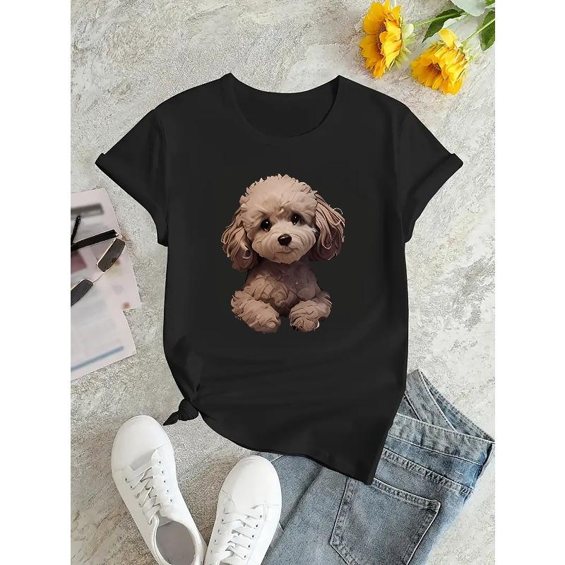 European Size Women's Casual Short Sleeve T-Shirt with Cute Dog Graphic Print - Soft Stretch Round Neck Tee, Machine Washable All-Season