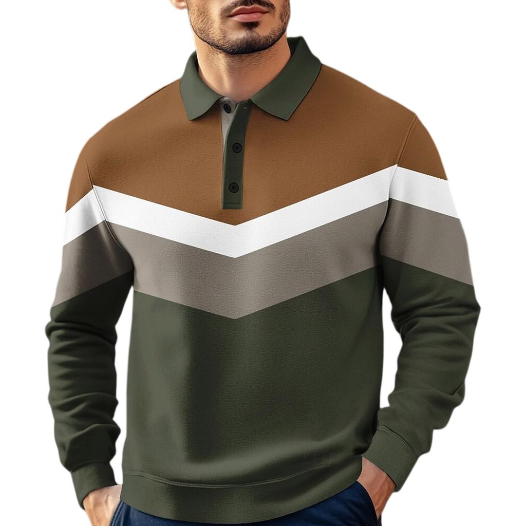 Men's Casual Loose Colorblock Print Lapel Button Long Sleeve Top