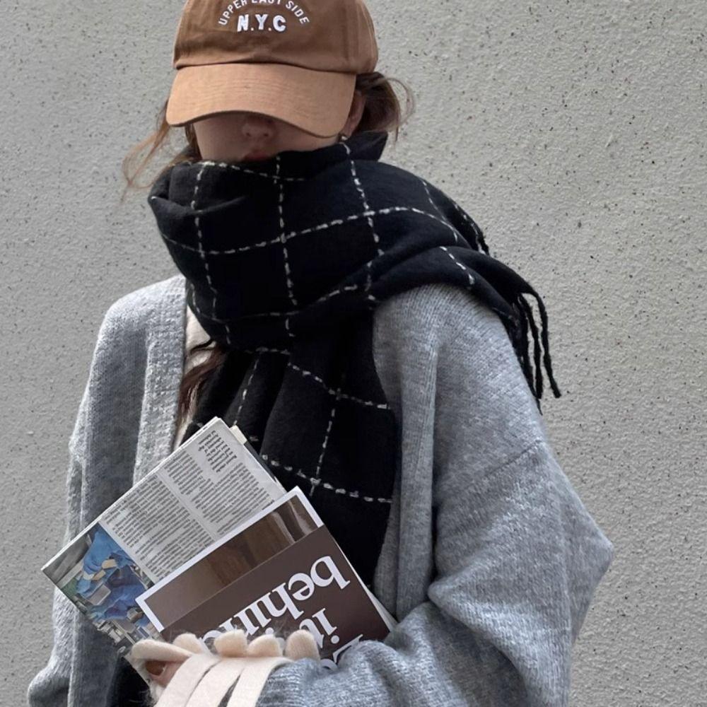 Solid Color Plaid Wool Scarf Cashmere Shawl Long Shawl Elegant Winter Cashmere Scarves  Student