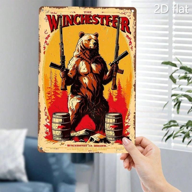 Metal Poster Wall Art Retro Bear with Gun Western Home Decor