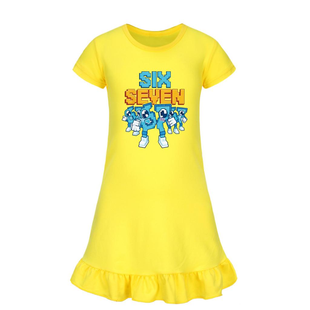 5195 Kids Girls Steal a Brainrot 67 Six Seven Printed Ruffle Short Sleeves Casual Dress