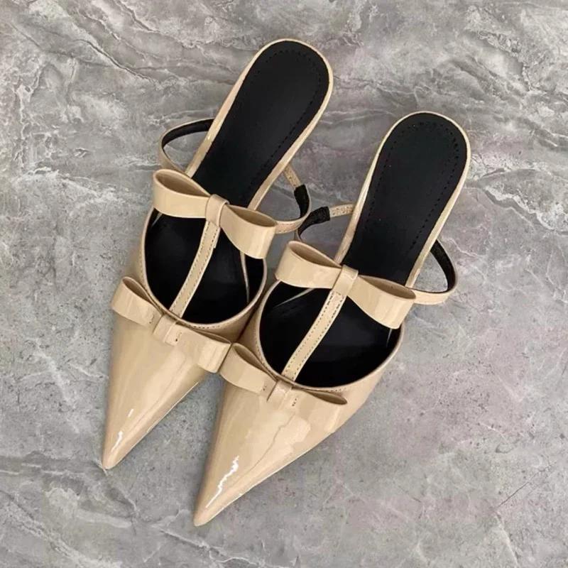 Fashion 2025 New Bow Baotou Half Slippers Women's Summer Wear Temperament Pointed Toe Stiletto High Heel Sandals