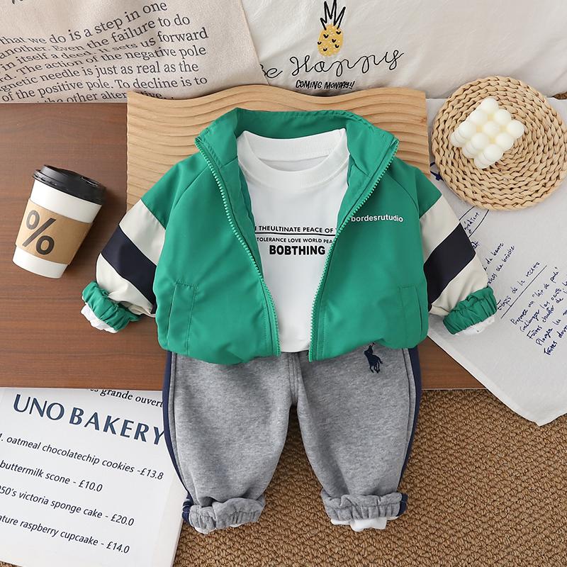 Boys' long sleeved 3-piece set, Children's zipper striped jacket, round neck white letter T-shirt, Casual pants