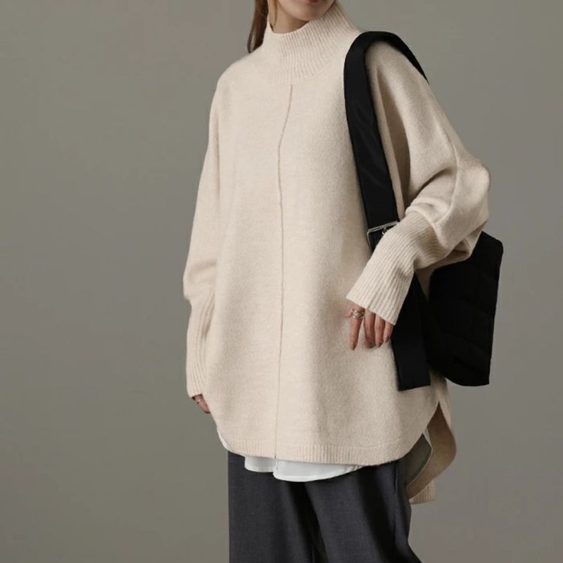 Fall and Winter New Arrival Women's Clothing Loose Slimming Slit Half High Collar Knitwear Pure Color Long Sleeves Pullover Sweater