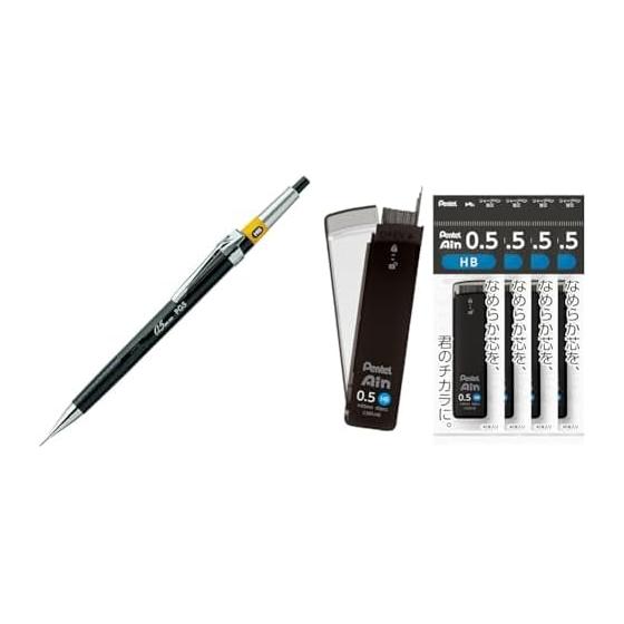 Pentel Graph Pencil 0.5mm PG5-AD with Pentel Ain 0.5mm HB Lead Refills, 5 Pack XC285-HB