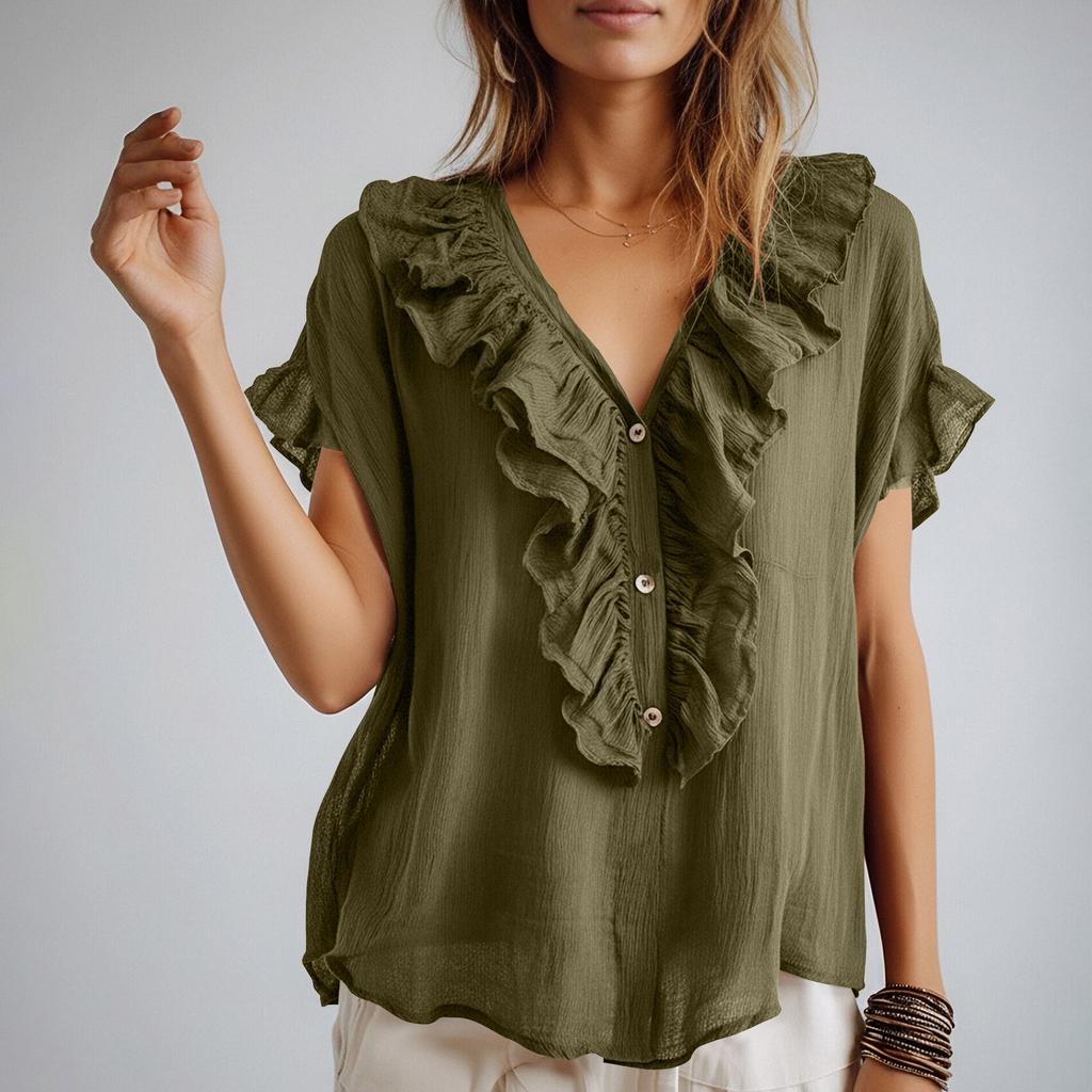 Womens Ruffle Trim Short Sleeve Button Front V Neck Blouse Lightweight Casual Top for Daily Wear