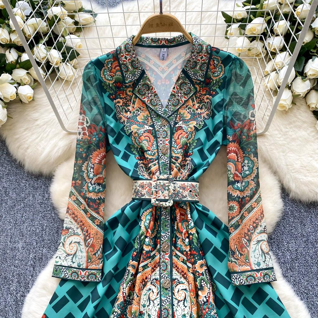 Spring Autumn Women Elegant Notched Collar Designer Print Single Breasted Long Maxi Holiday Party Blazer Dresses
