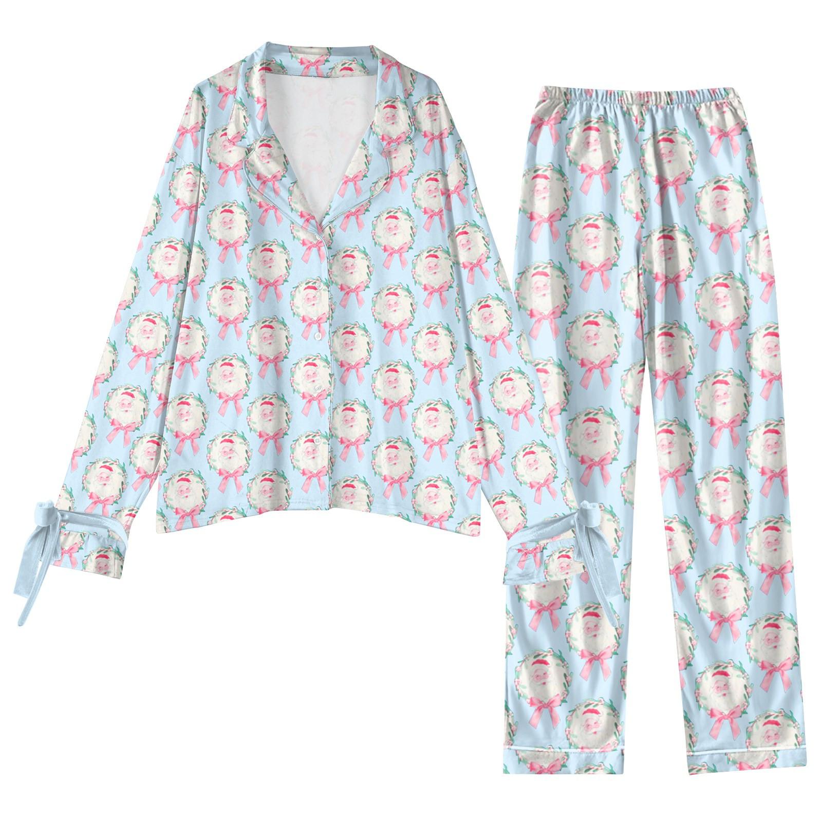 

Женский костюм из 2 предметов с принтом, топ на пуговицах с длинными рукавами, широкие брюки, комплект, пижамный домашний повседневный костюм XL небесно-голубой