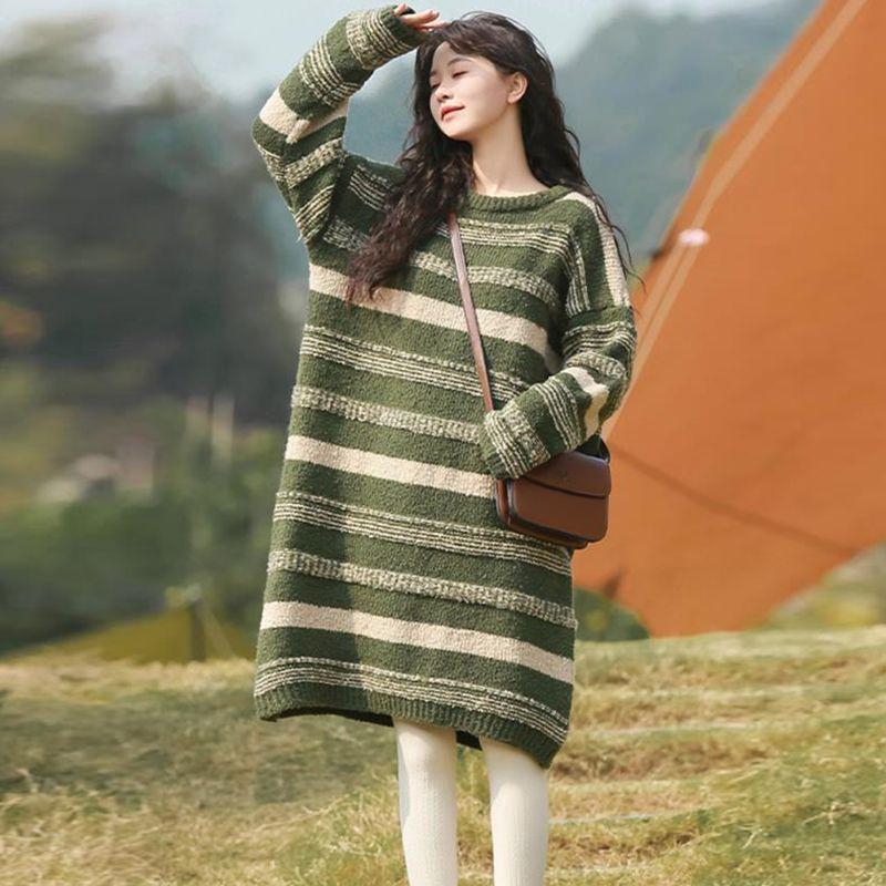 Fashionable Striped Knitted Sweater Dress for Women, Loose Fit and Lengthy, Thickened and Soft Dresses