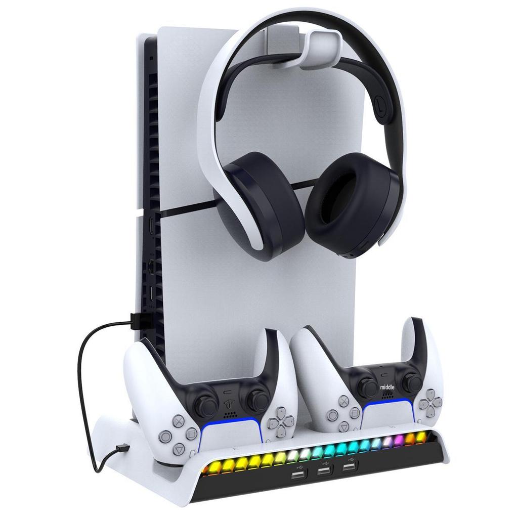 PS5 PRO/Slim RGB Cooling Station: Console Stand, Controller Charger, Disc Storage & Headset Rack