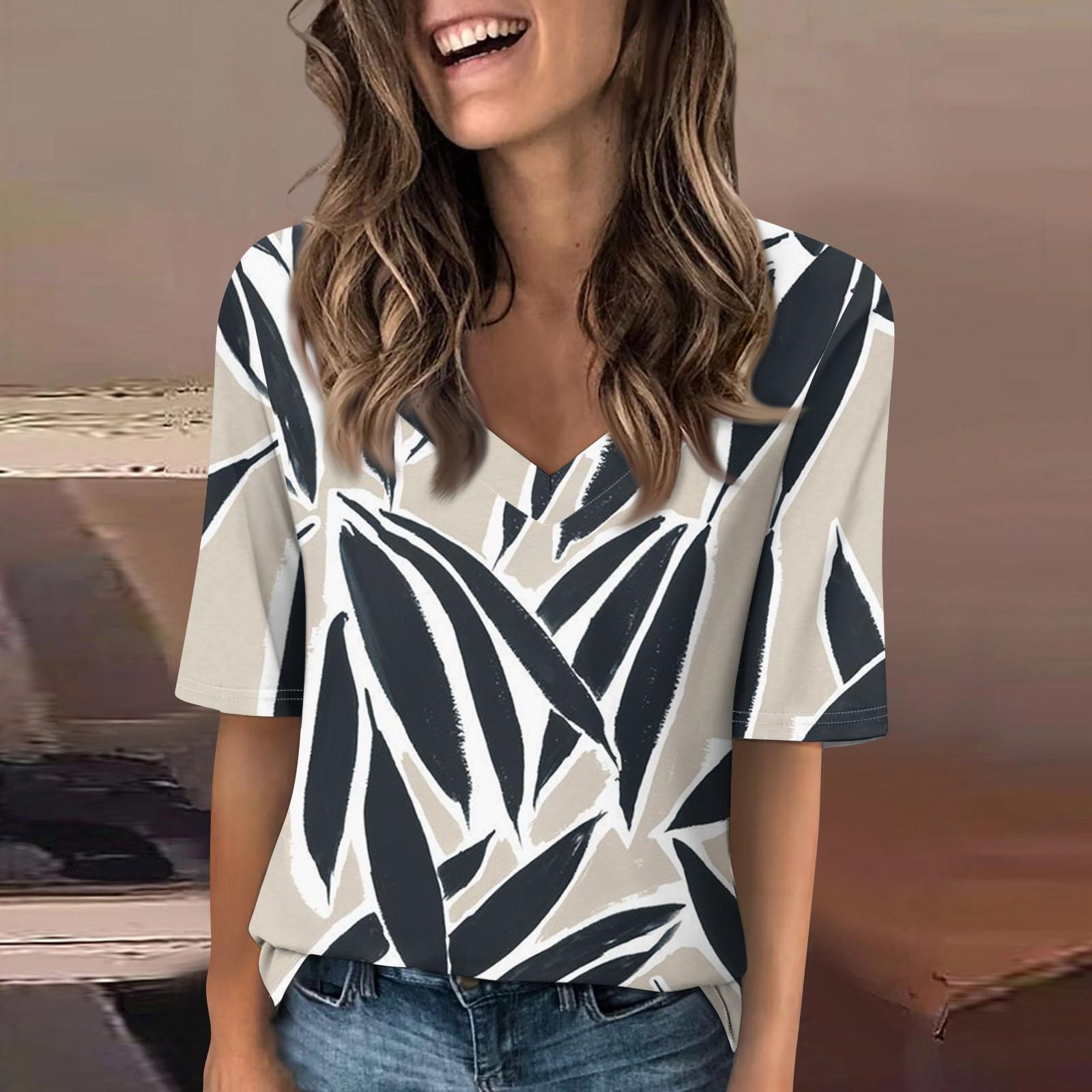 

Женская повседневная футболка с короткими рукавами и v-образным вырезом с принтом и четвертьрукавами, топ M