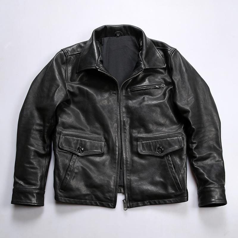 Jacky Cheung Men's Waxed Goatskin Leather Jacket with Lapel