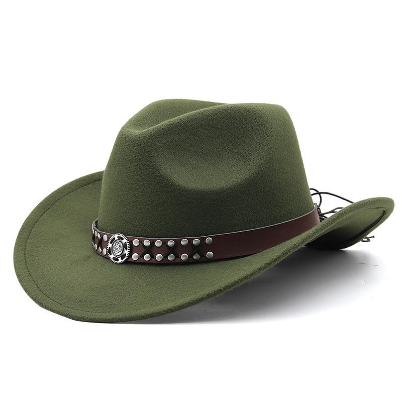 Metal belt brown western cowboy hat autumn and winter woolen felt hat men's and women's European and American top hats outdoor riding cowboy hat