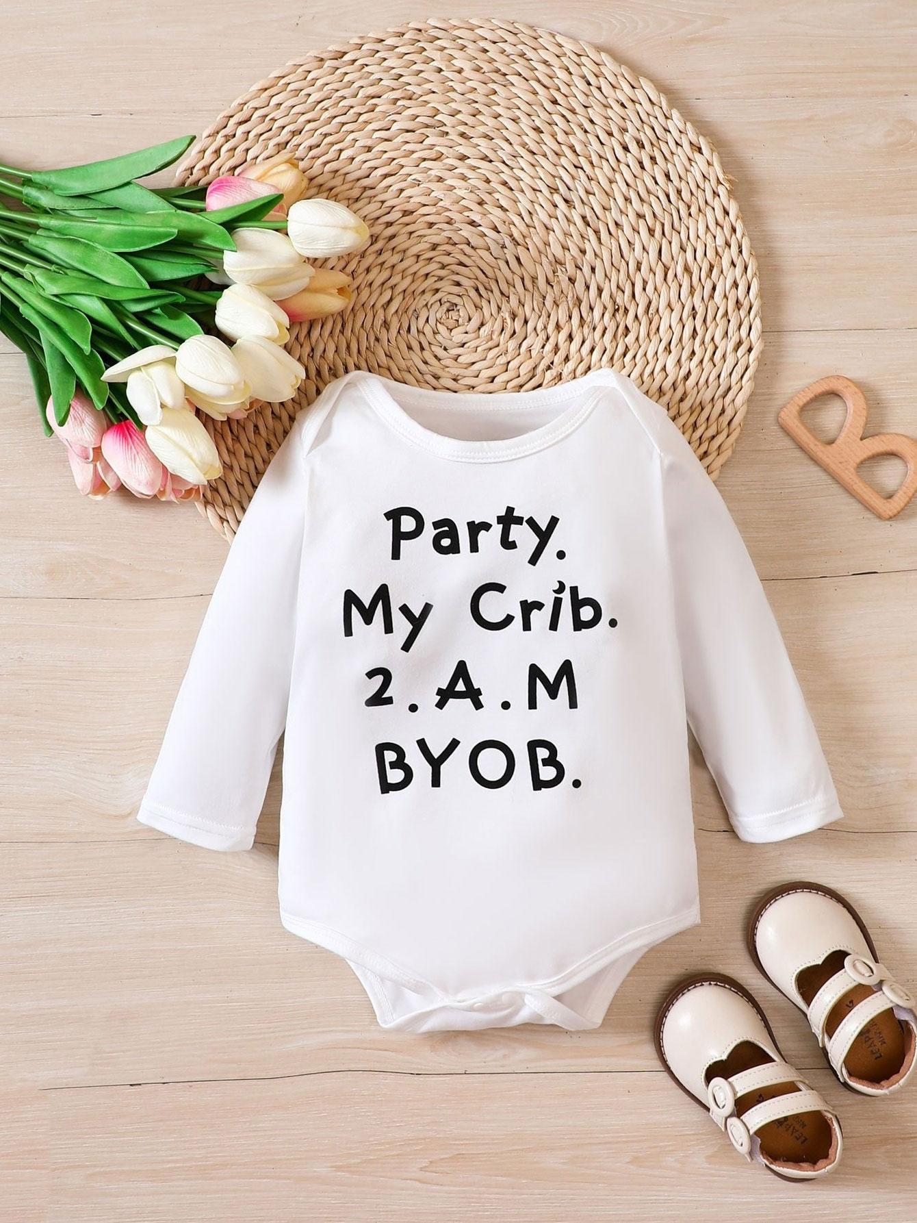 

Комбинезон для новорожденных, боди с длинными рукавами и круглым вырезом, вечеринка . Милый комбинезон с принтом My Crib 2.AM BYOB для маленьких девочек и мальчиков 12-18m белый