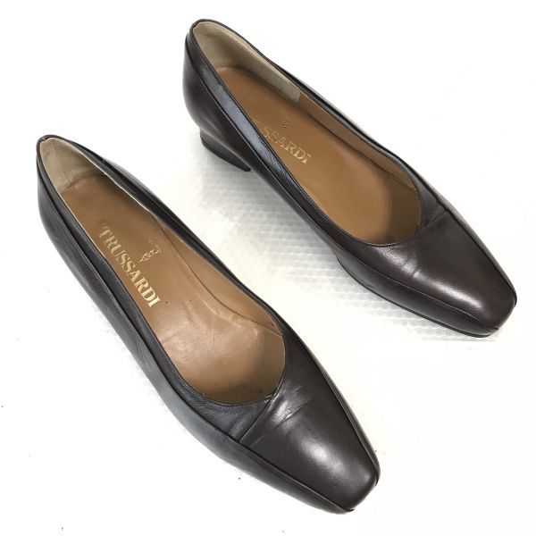 USED/Made In Japan TRUSSARDI High-Quality Leather Low Heel Pumps 23.5 Dark Brown