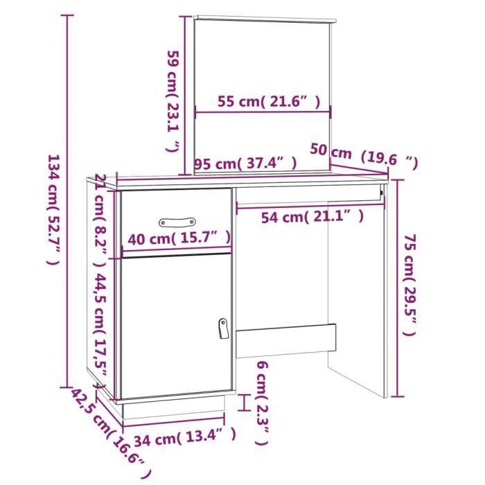 820090 vidaXL Dressing Table Honey Brown 95x50x134 Cm Solid Pine Wood