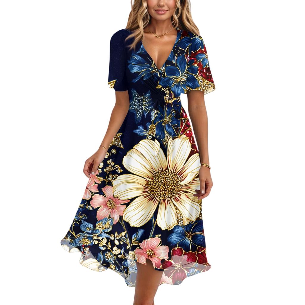 Women's Fashionable Casual V-neck Short-sleeved Independence Day Printed Dress