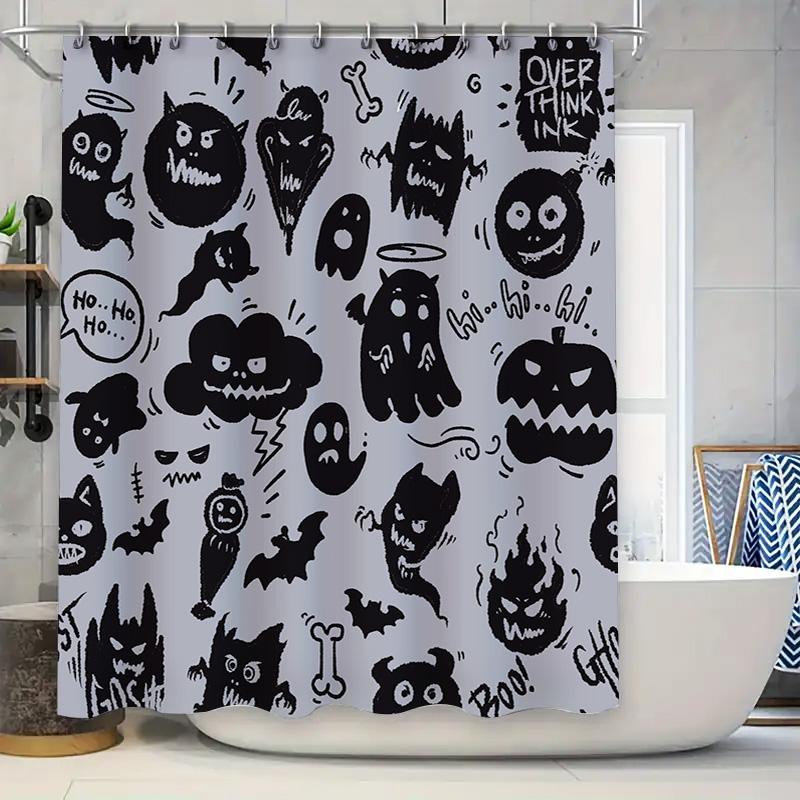 

Spooky Halloween shower curtain with black and white ghosts and bats for bathroom decor waterproof fabric print home textiles in 90x180cm