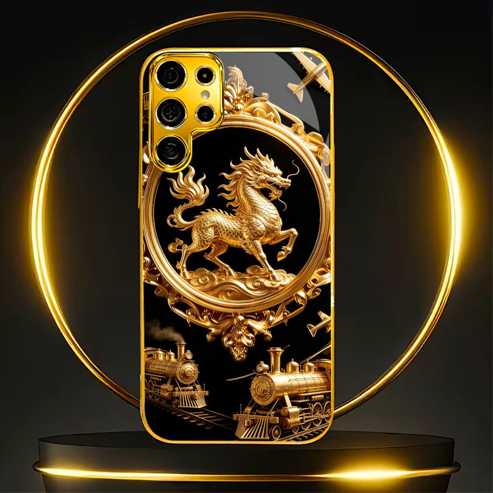 Shiny Gold Plated Kirin phone case glass s25 ultra case s26 ultra case for Samsung Galaxy S26 S25 S24 S23 S22 FE Ultra Plus