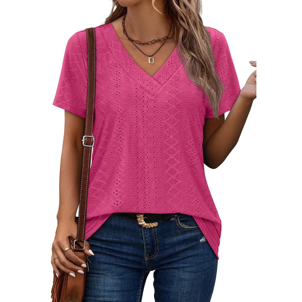 Women's Fashion Casual Short Sleeve V-Neck Court Lock T-Shirt Top