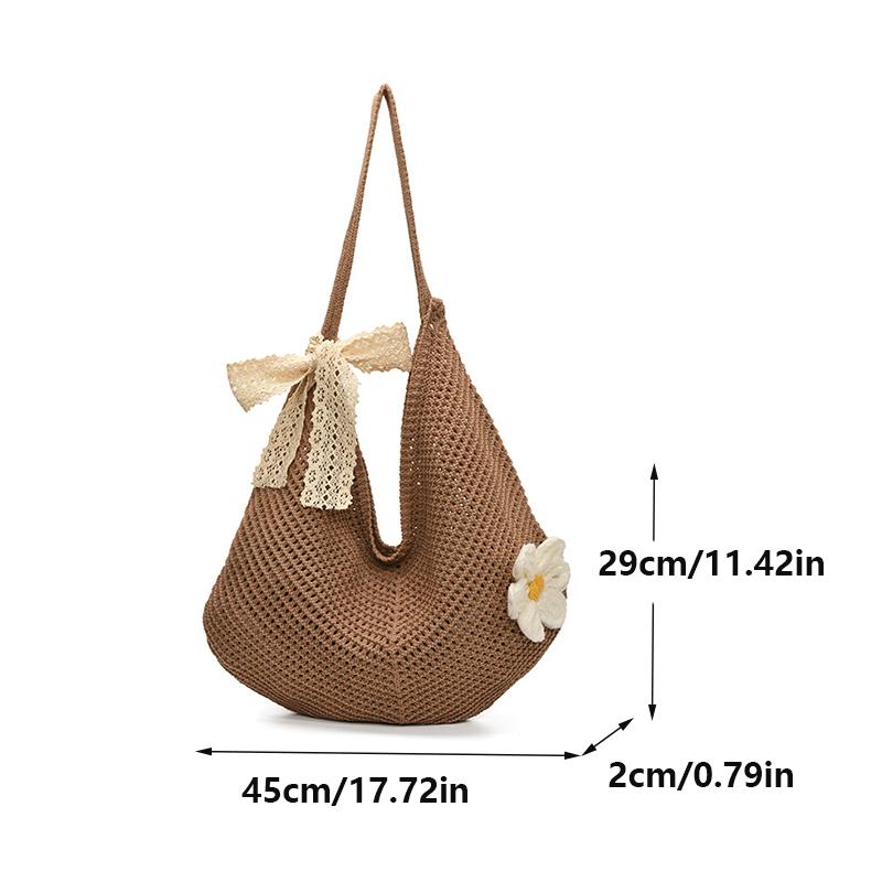 Simple Handmade Knit Shoulder Bag Bohemian Solid Color Crochet Tote Bag Large Capacity Hollow Out Woven Handbag Vacation