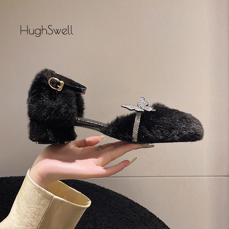 Fashion Bling Rhinestone Butterfly Belt Mink Fur Sandals Woman Elegant White Fluffy Ankle Strap Pumps Ladies  Low Heel Plush Party Shoes