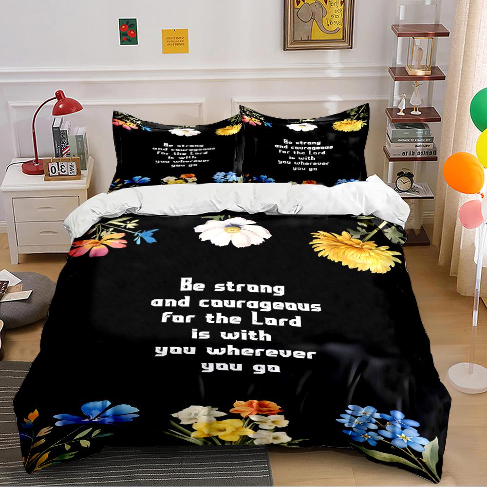 Floral Bedding Set with Faithful Message Bedding set (1 duvet cover, 2 pillowcases, duvet not included) 135x200cm