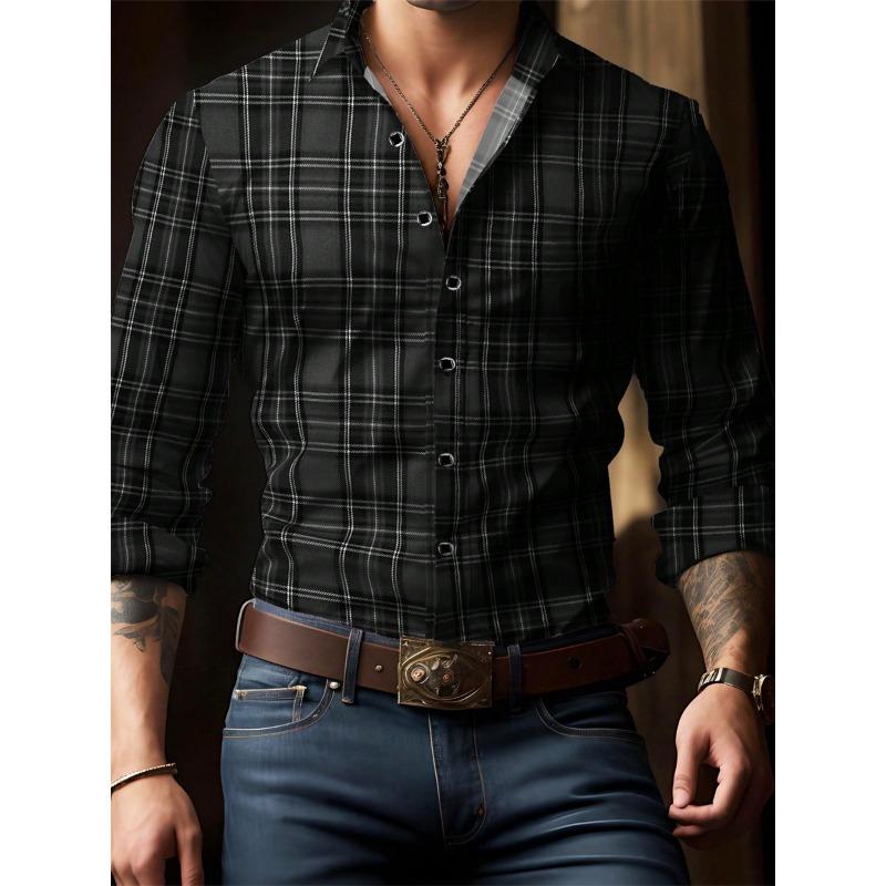 Men's Retro Red Plaid Long-sleeved Shirt, Casual Lapel, Versatile and Trendy for Everyday Wear and Commuting, Sizes S-6XL.