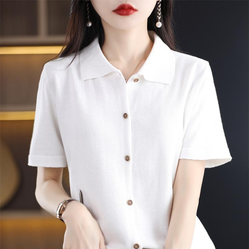 

Кардиган женский летний новый свободный однобортный модный зарубежный универсальный топ с коротким рукавом и воротником поло S белый