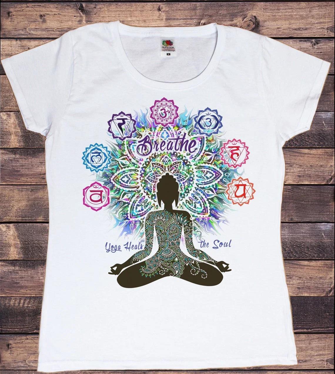 

Watercolor Breathe Chakra Symbols Yoga Print Tshirt Women Bird Om Aum Jade Buddha Meditation Tie Die T Shirt Femme T-Shirt Tops S