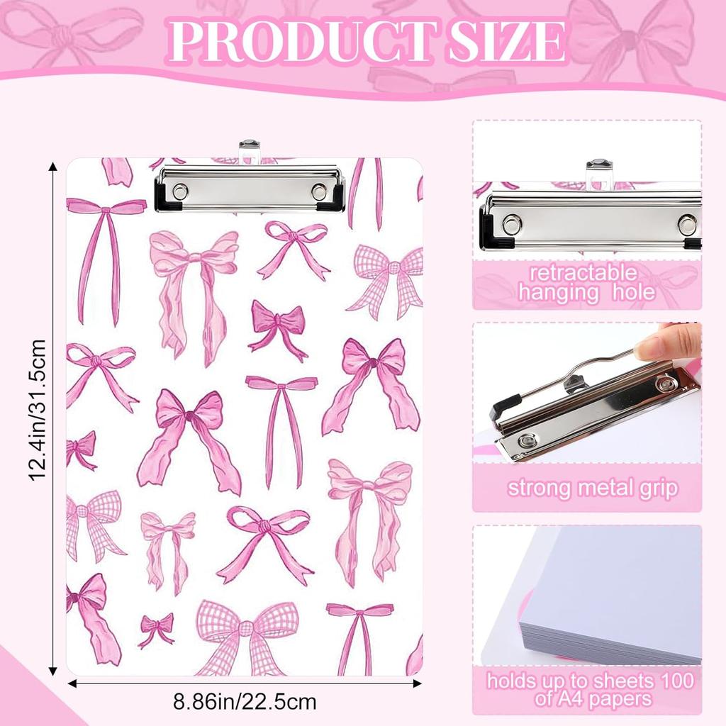 Seajan Pink Bow Clipboard Cute Preppy Coquette Plastic Decorative Clipboards with Low Profile Clip Hanging Tab A4 Letter Size, 12.4 X 9 Inch for