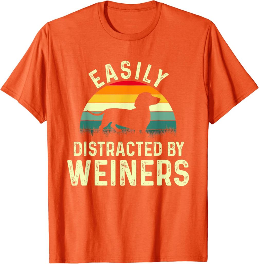 Easily Distracted By Weiners Dachshund Silhouette Unisexs Graphic TShirt Casual Cotton Tee