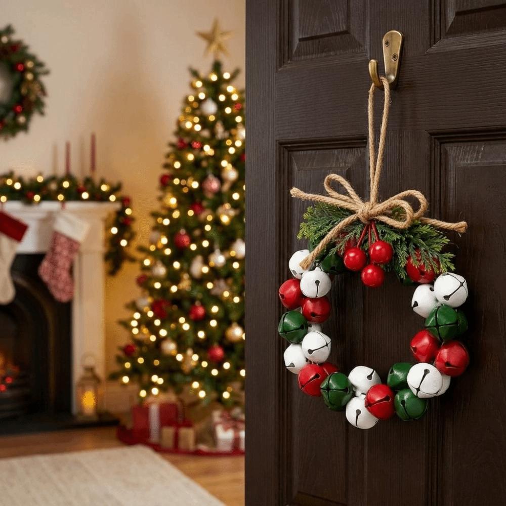 Iron Christmas Bell Wreath Ornament Vintage Soft Clear Sound Colorful Bell Wreaths with Bow Exquisite Wall Hanging Ornament