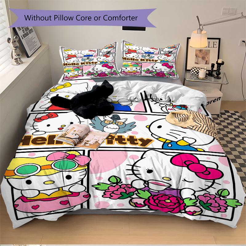 3pcs Hello Kitty Collection Quilt Set Cartoon Themed Bed Quilt Set Lovely Character Bedroom Decor Bed Quilt Set Four Seasons (1 Cover + 2Pillowca